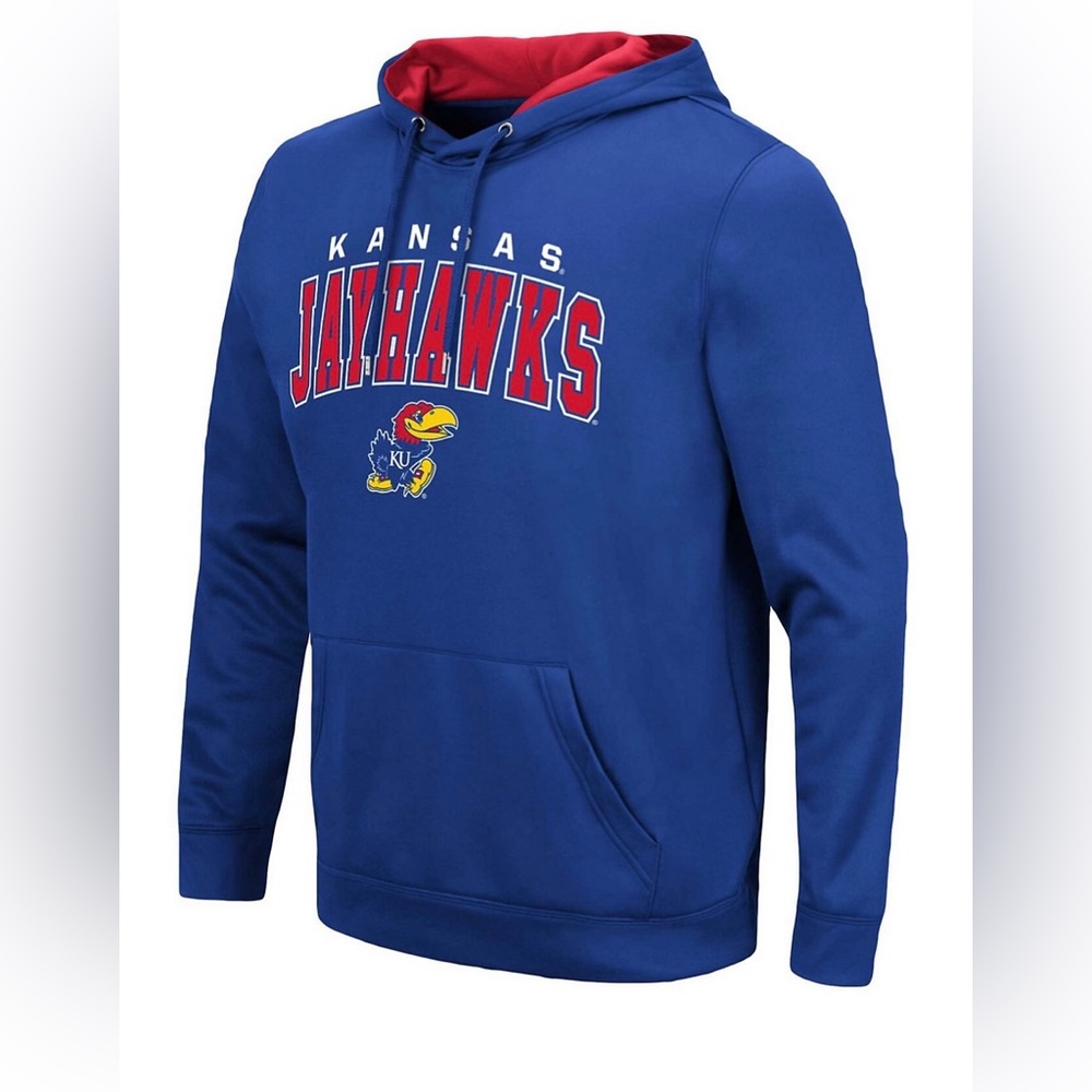 NWT Men’s Colosseum Royal Kansas Jayhawks Resistance Pullover Hoodie Size Medium - Picture 1 of 6